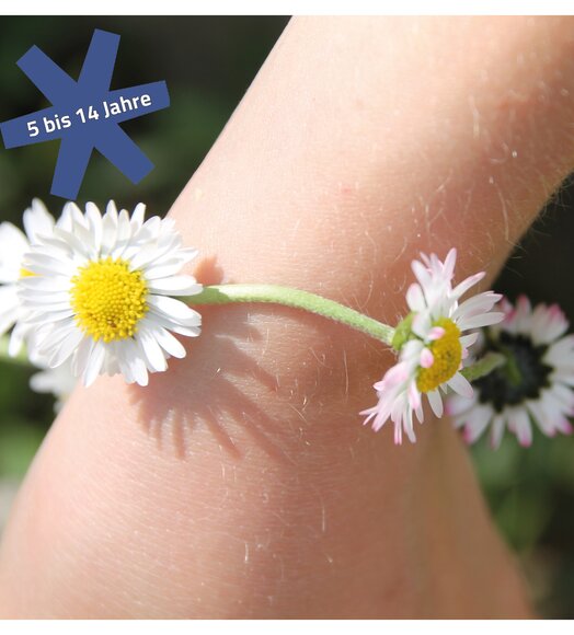 Arm mit Gänseblümchen-Armband, blauer Stern mit Text "5 bis 14 Jahre"