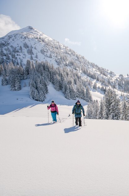 Zwei Personen wandern mit Schneeschuhen durch verschneite Landschaft vor Berg und blauem Himmel
