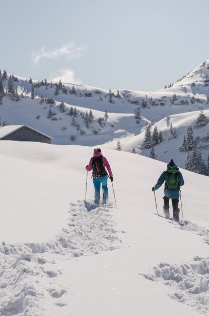 Zwei Personen wandern mit Schneeschuhen durch eine verschneite Winterlandschaft