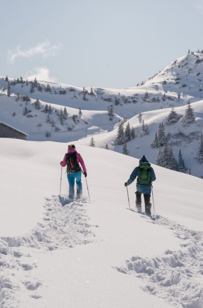 Zwei Personen wandern mit Schneeschuhen durch eine verschneite Winterlandschaft