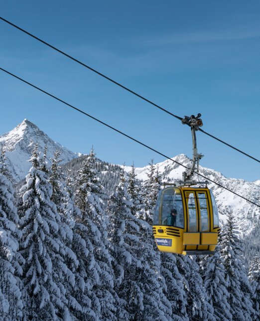 Gelbe Gondelbahn vor verschneiten Tannen und Bergspitze unter blauem Himmel