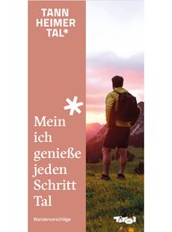 Hiking landscape with hut, meadow and mountains under blue sky next to text field with saying