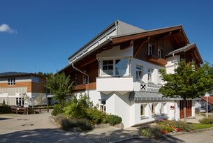 Bankhaus Jungholz mit weißer Fassade und Holzelementen unter blauem Himmel