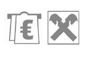 Zwei graue Symbole: Einkaufstüte mit Eurozeichen und gekreuzte Hämmer im Quadrat