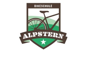 Logo der Bikeschule Alpstern mit Fahrradsilhouette vor Berglandschaft
