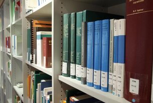 Regal mit grünen und blauen Büchern, beschriftete Buchrücken sichtbar