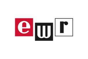 Logos von e, w und r in roten, schwarzen und weißen Quadraten