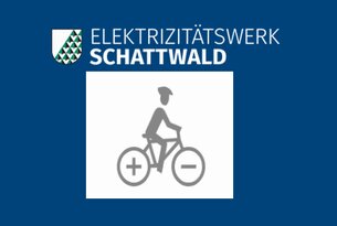 Logo Elektrizitätswerk Schattwald mit Radfahrer-Symbol und Plus-Minus-Zeichen