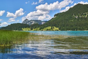 Bergsee mit grünen Hügeln und bewaldeten Bergen unter blauem Himmel mit Wolken