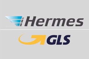 Logos von Hermes und GLS untereinander auf grauem Hintergrund
