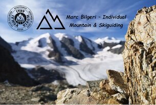 Berglandschaft mit Logo und Text "Marc Bilgeri - Individual Mountain & Skiguiding"