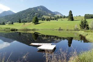 Berglandschaft mit See und kleinem Steg im Vordergrund