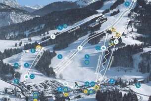Übersichtliche Skizze eines Skigebiets mit Pisten, Liften und Parkplätzen