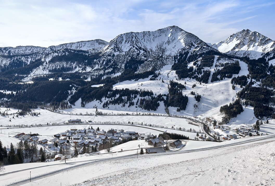 Verschneite Berglandschaft mit Dorf im Tal und bewaldeten Hängen