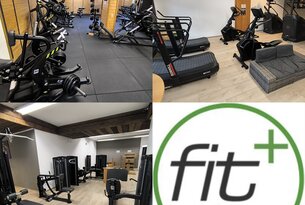 Collage: Fitnessstudio-Innenräume und Logo "fit+ Haldensee"