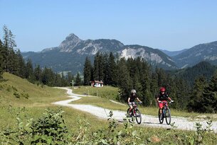 Zwei Personen fahren Mountainbike auf einem Weg vor Bergkulisse