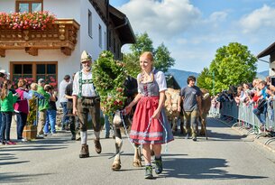 Trachtenumzug mit Mädchen, Mann und geschmückter Kuh im Dorf