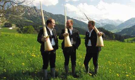 Drei Männer in Tracht mit Alphörnern auf einer grünen Wiese vor Bergkulisse