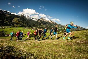 Gruppe von Läufern beim Trailrunning in bergiger Landschaft mit schneebedeckten Gipfeln
