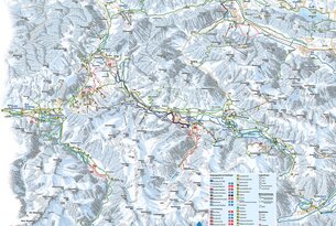 Detailreiche Karte eines Skigebiets mit Pisten, Liften und Ortschaften