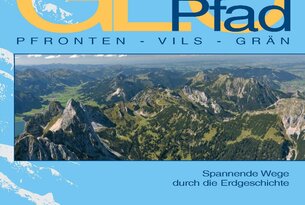 Buchcover: GEO Pfad Pfronten-Vils-Grän mit Bergpanorama und dem Slogan "Spannende Wege durch die Erdgeschichte"