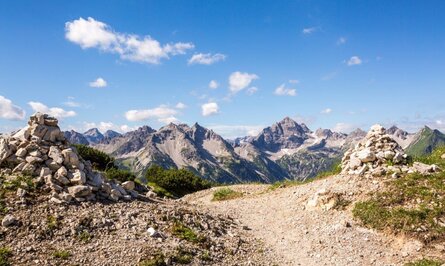 Berglandschaft mit Wanderweg unter blauem Himmel