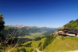 Berglandschaft mit grünen Wiesen, Wäldern und einem Gebäude am Hang unter blauem Himmel