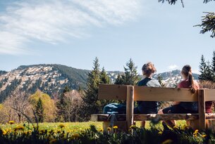 Person sitzt auf Bank mit Bergblick im Grünen