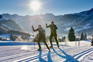 Zwei Langläufer in Winterlandschaft vor Bergpanorama im Sonnenschein