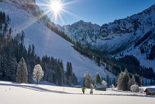 Verschneite Landschaft mit Bergen, Wald, Hütte, zwei Personen und strahlender Sonne