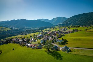 Luftaufnahme eines Dorfes in grüner Landschaft vor Bergkulisse unter blauem Himmel