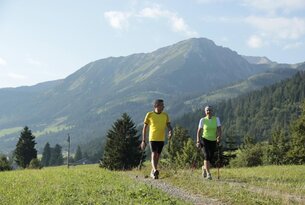 Zwei Personen beim Nordic Walking vor Bergkulisse