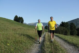 Zwei Personen wandern mit Stöcken auf einem Pfad in hügeliger Landschaft