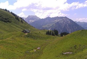 Grüne Berglandschaft mit Hütte und schneebedeckten Gipfeln unter blauem Himmel
