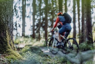 Radfahrer mit Rucksack fährt durch Wald