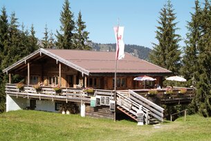 Hölzerne Berghütte mit Terrasse, Fahne und Blick auf bewaldete Hügel