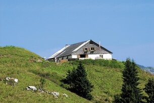 Hütte auf grünem Hügel unter blauem Himmel