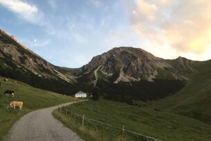 Berglandschaft mit Weg, Hütte und bewölktem Himmel