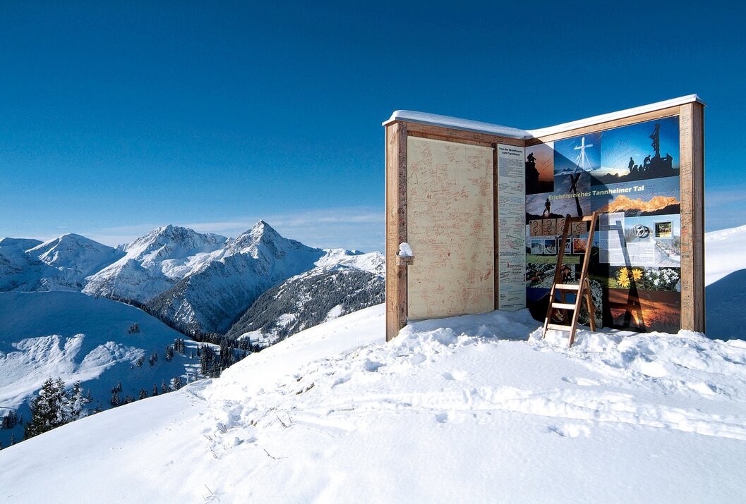 Schneebedeckte Berglandschaft mit Informationstafel und Leiter im Vordergrund