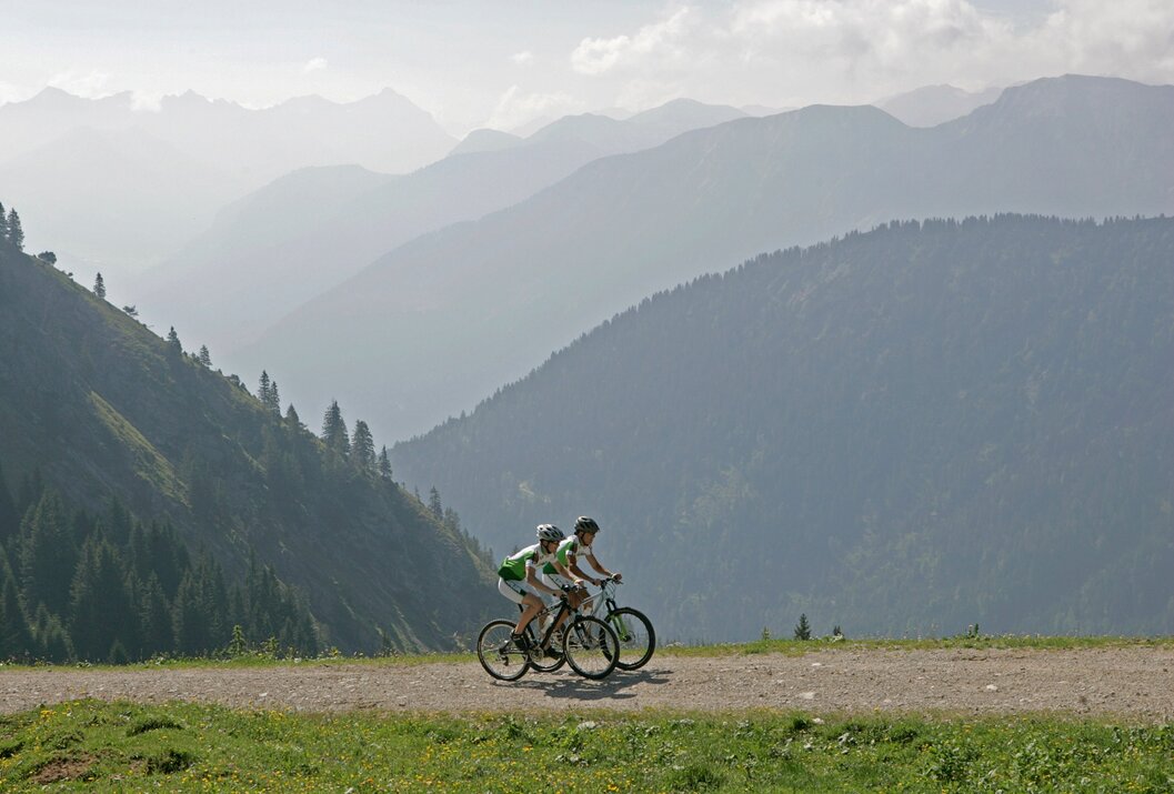 Zwei Mountainbiker vor Bergpanorama