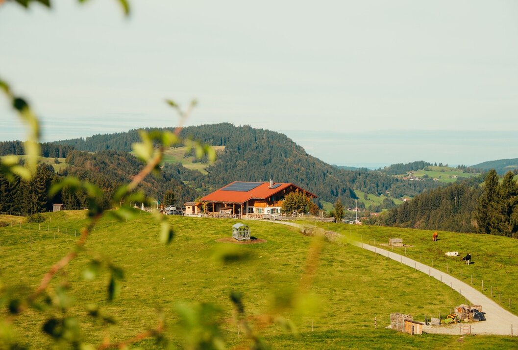 Bauernhaus auf grüner Wiese vor bewaldetem Hügel unter blauem Himmel