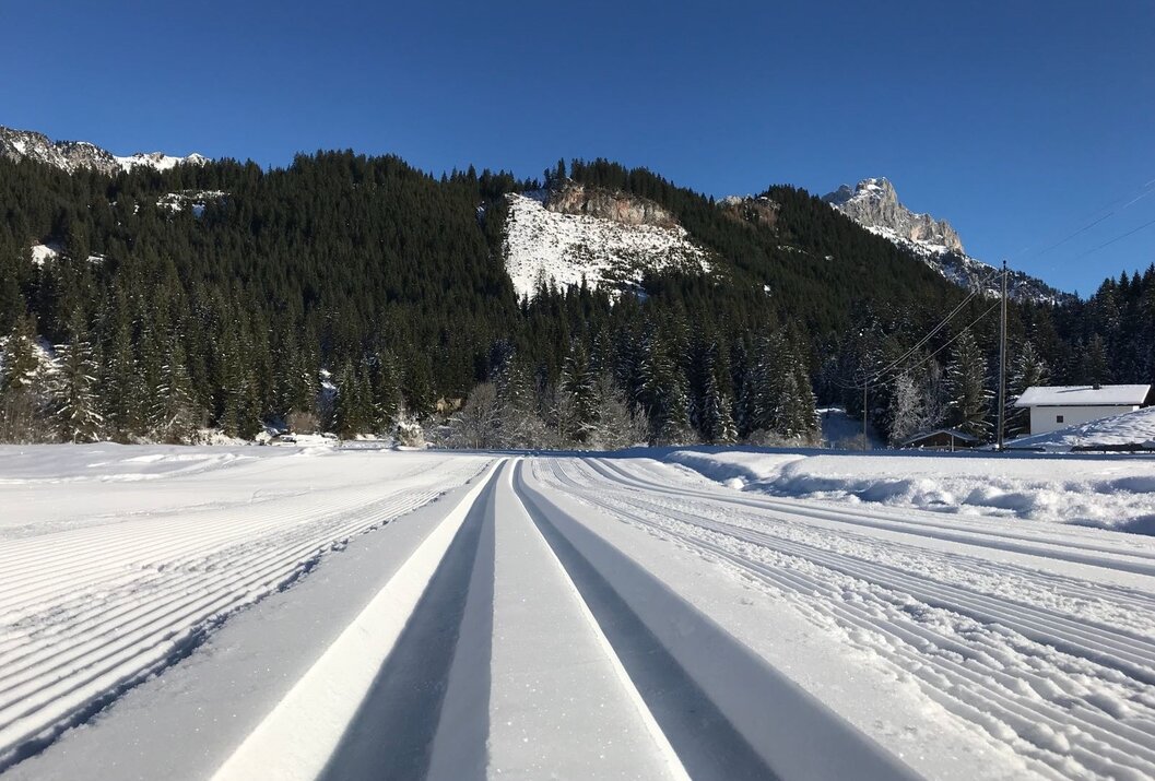 Verschneite Langlaufloipe vor bewaldetem Berg unter blauem Himmel