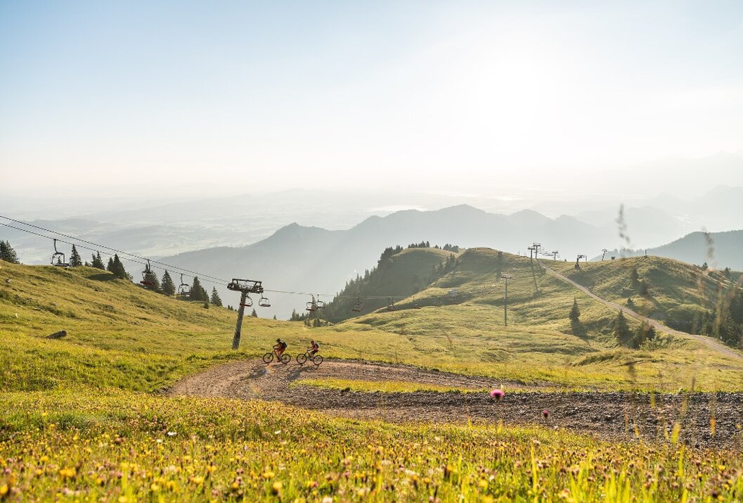 Zwei Mountainbiker fahren auf einem Pfad durch eine grüne Berglandschaft mit Liftanlagen