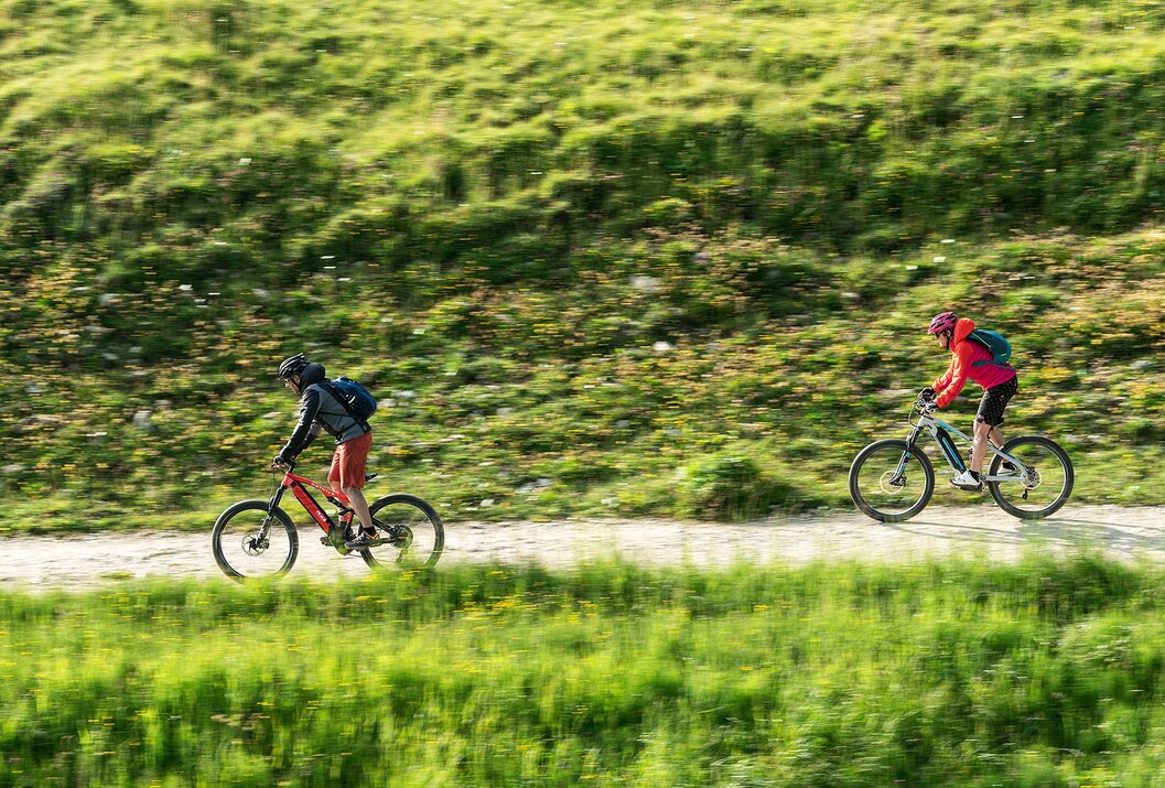 Zwei Mountainbiker fahren auf einem Pfad durch grüne Landschaft