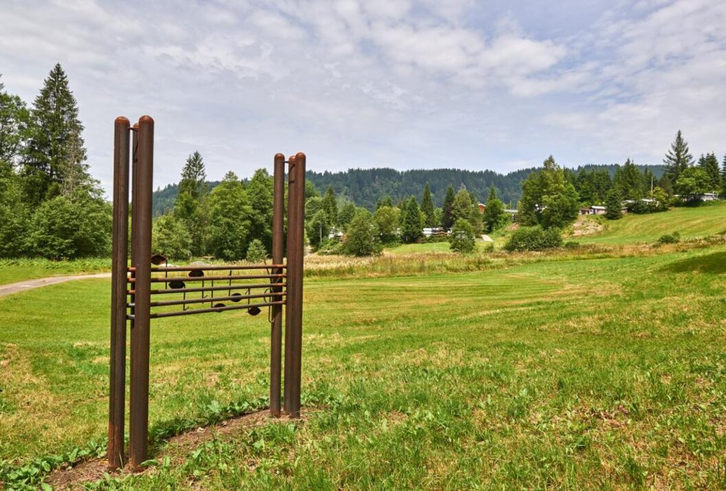 Metallkonstruktion auf grüner Wiese vor bewaldetem Hügel