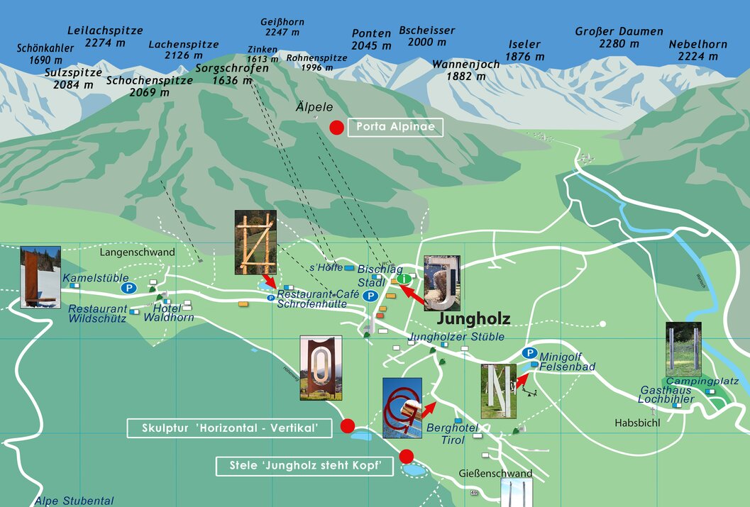 Karte von Jungholz mit eingezeichneten Sehenswürdigkeiten und Bergen