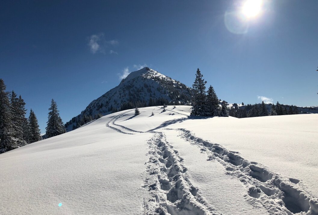 Verschneite Berglandschaft mit Fußspuren im Schnee unter blauem Himmel und Sonnenschein