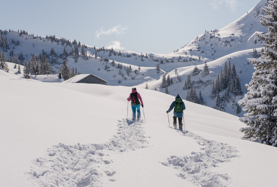 Zwei Personen wandern mit Stöcken durch eine verschneite Berglandschaft