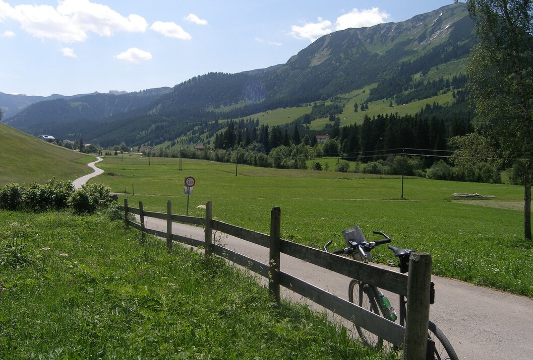 Fahrrad an Holzzaun vor grüner Wiese mit Bergpanorama im Hintergrund
