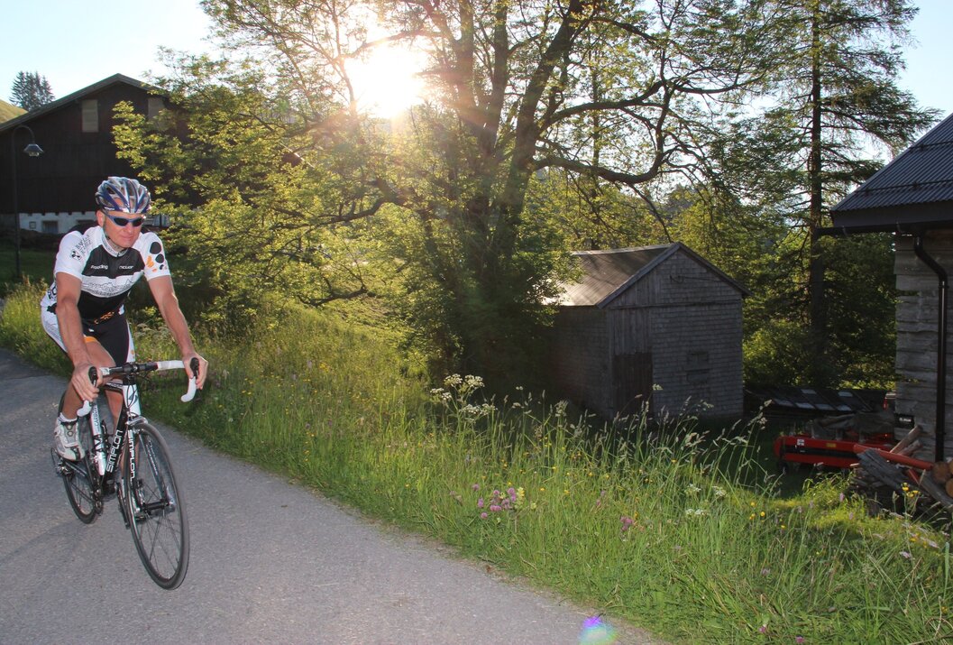 Radfahrer auf Asphaltstraße, Hütte im Hintergrund, Sonne scheint durch Bäume